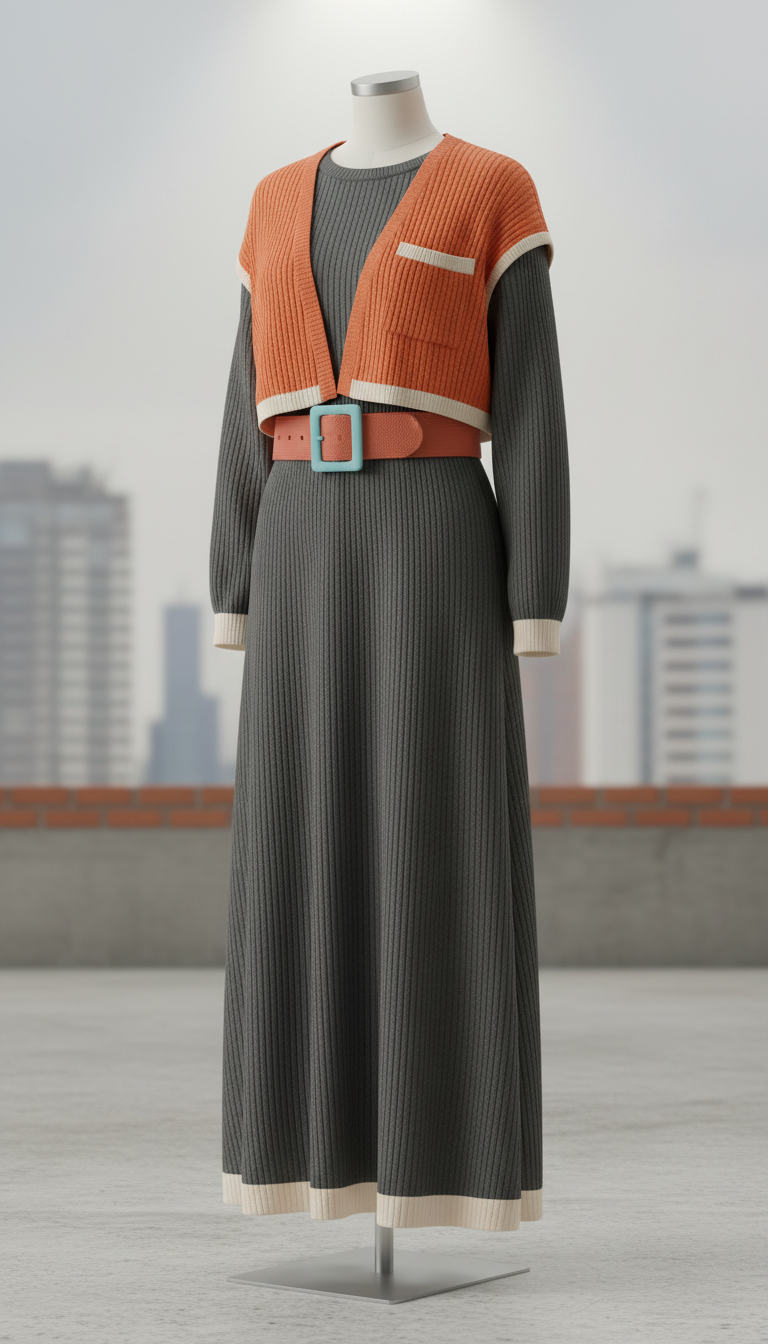 Brick pop ribbed knit dress